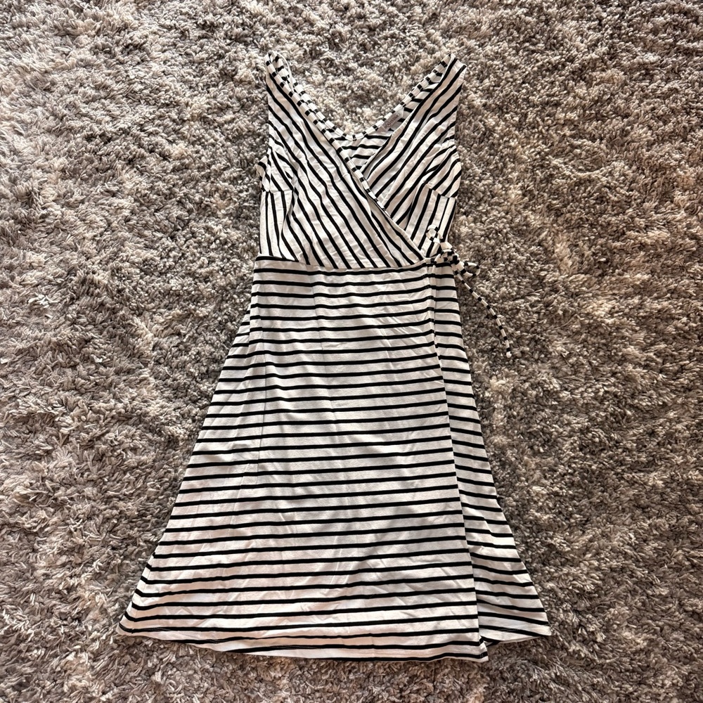 BRAVISSIMO Black and White Striped Midi Wrap Dress